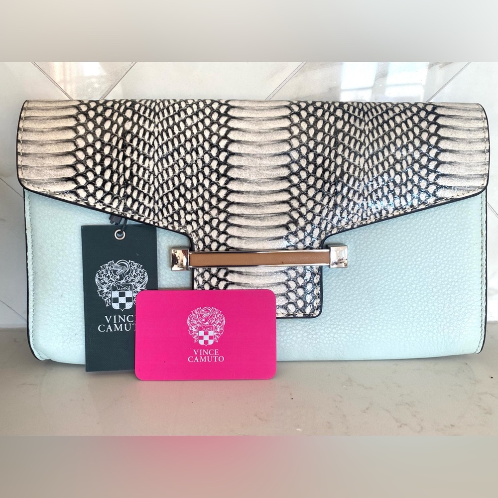 NWT Vince Camuto Leather Julia Clutch in Aqua Ice